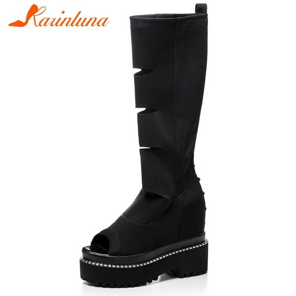 

karin new design stretch fabric square heels summer boots woman shoes peep toe slip-on comfortable shoes women boots, Black