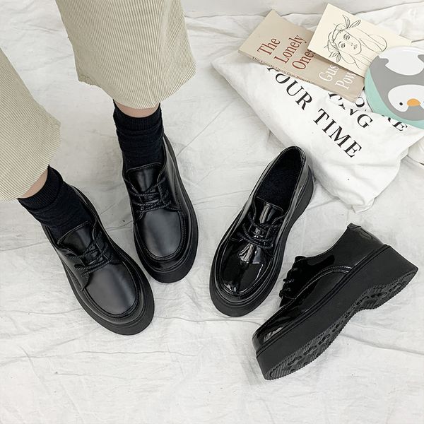 

patent leather ballet flats round toe womens derby shoes 2019 fashion women's british style all-match casual female sneakers, Black