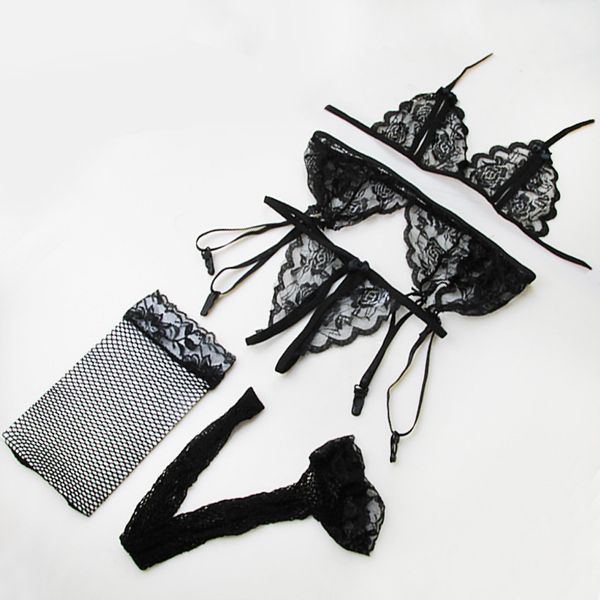 

lingerie 4pc sets transparent lace brassiere thong garters stockings lingerie femme erotic g string open bra garter set, Red;black