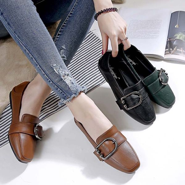 

women flats casual shoes leather big size; 33-43 european and american square head belt buckle comfortable women's shoes, Black