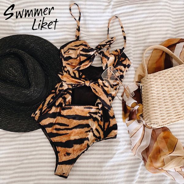 

hollow out swimwear women knot bikinis 2019 mujer leopard print bikini push up bathing suit one piece swimsuit female monokini