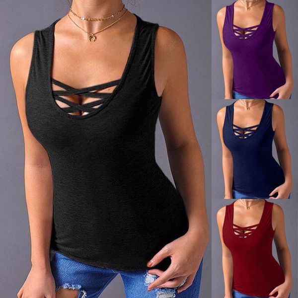 

casual summer women lace up slim t-shirts tank female hollow out sleeveless cotton tees t-shirt vest, White