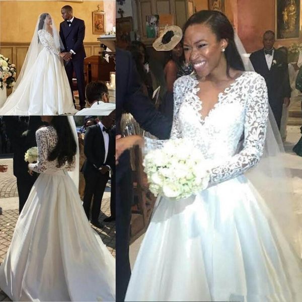 

classic lace long sleeves a line wedding dresses african arabic satin wedding gown v neck bridal gown church robe de soriee, White
