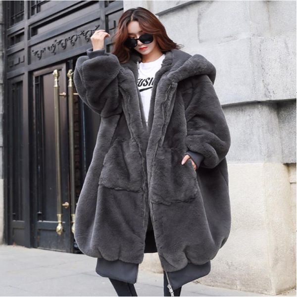 

autumn and winter 2019 new thickened long hooded fur coat fur coat woman, Black