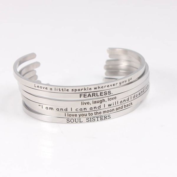 

silver stainless steel engraved positive inspirational quote hand stamped cuff mantra bracelet bangle for women, Golden;silver