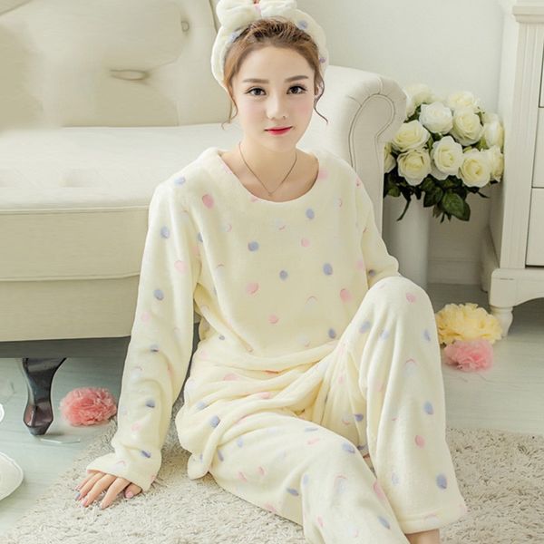 

women cute warm pajama suits sweet thick flannel winter simple japanese style polka dots female fashion pants sleepwear, Blue;gray