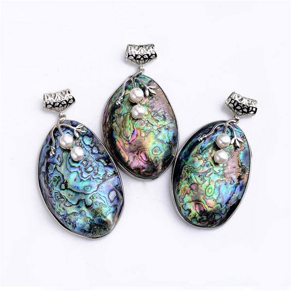 Collana fai da te con ciondolo con perline di conchiglia Paua, ovale grande, colore arcobaleno, con fossili di abalone naturale, 5 pezzi