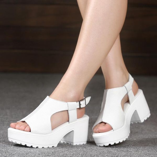 

new fashion women sandals platforms pure color ladies high heels buckle strap peep toe women shoes square heel summer shoes 69, Black