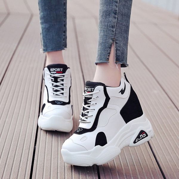 

spring thick soles increase in shallow lace color single shoes leisure sports women breathable single shoes, Black;white