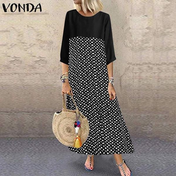 

vonda women vintage patchwork maxi dress bohemian dot print party dress 2019 summer spring long sleeve loose plus size vestidos, Black;gray