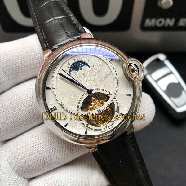 

fashion mens designer watches 44mm stainless steel case automatic watch leather strap montre de luxe moon phase flywheel mechanical watches, Slivery;brown