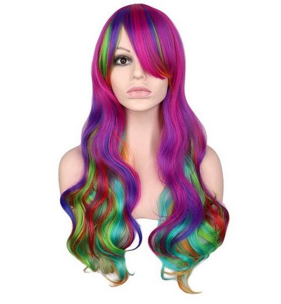 Rainbow Colorful Long Curly Wig Cosplay Party Women 70cm High