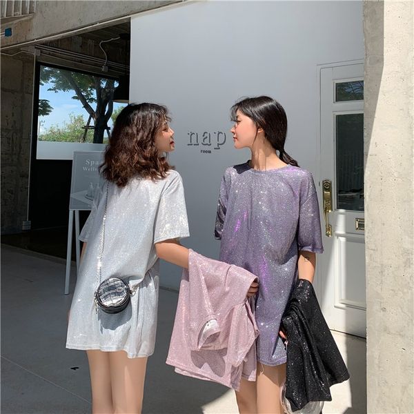 

short-sleeved 2020 loose versatile midi shiny summer short-sleeved women's 2020 loose t-shirt versatile midi shiny t-shirt women's, White