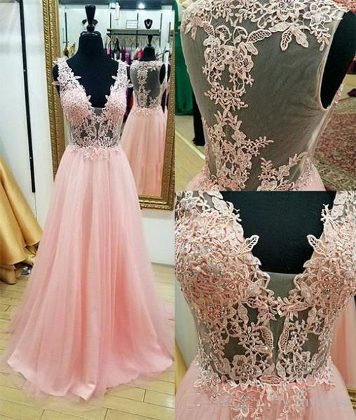 

2019 Light Pink Applique Beaded Formal Prom Dresses Long Cheap Deep V-neck Cap Sleeve Hollow Back A-line Evening Dress Formal Dress Gowns