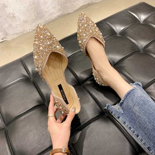 

pointed toe casual woman shoe female shoes crystal all-match 2020 fashion women's elegant shallow mouth pearl decorateion dress, Black