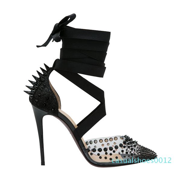 

red bottom high heels women pointed toe pvc rivets mechante reine ankle wrap around ribbons pump studded covered heel wedding party c12, Black