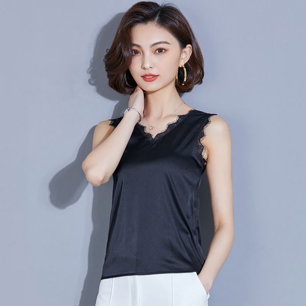 

летние топы женщины sexy ladies камзол нижняя рубашка v-образным вырезом обрезанная женская безрукавка мягкая атласная майка, White