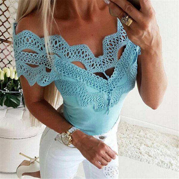 

white blue s-xl plain tees women floral lace patchwork v neck elastic basic female casual short sleeve t-shirt