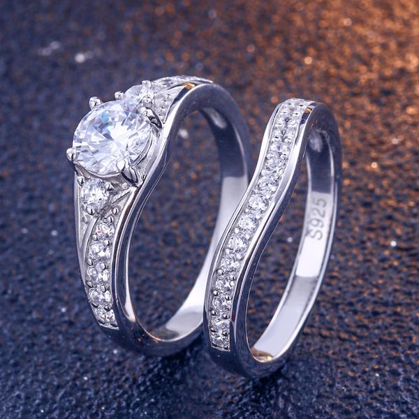 

luxury female round diamond party ring set fashion sterling silver love engagement ring elegant bride wedding rings for women, Golden;silver