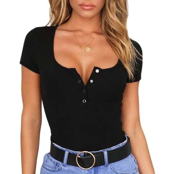 

women short sleeves jumpsuit v neck slim fit low-cut bodysuit for summer fc55, Black;white