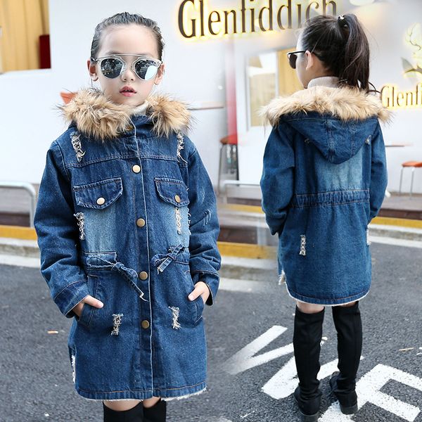 

thick winter kids jackets for girls casual hooded warm girls denim coats 4 5 6 7 8 9 10 11 12 year children outerwear clothing, Blue;gray