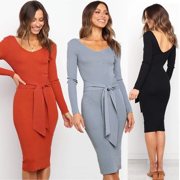 

женщины с длинным рукавом свитера платье v шеи 2020 осень зима трикотажное платье элегантный backless midi front tie bow карандаш черный, Black;gray