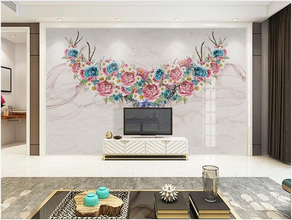 

3d p wallpaper on a wall custom mural nordic hand painted elk art flower antlers marble background wall wallpaper for walls 3 d