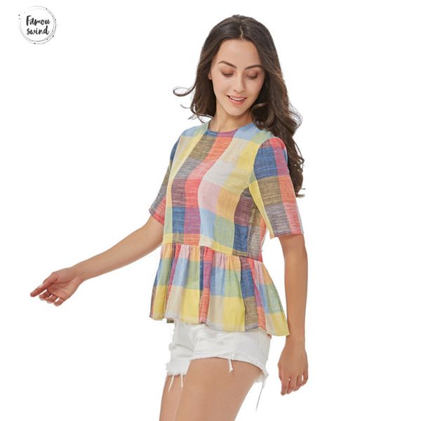 

женщины блуза сладкие красочные клетчатые рубашки назад луки лето короткого рукав o шея дама tie повседневная blusas dt1068, White