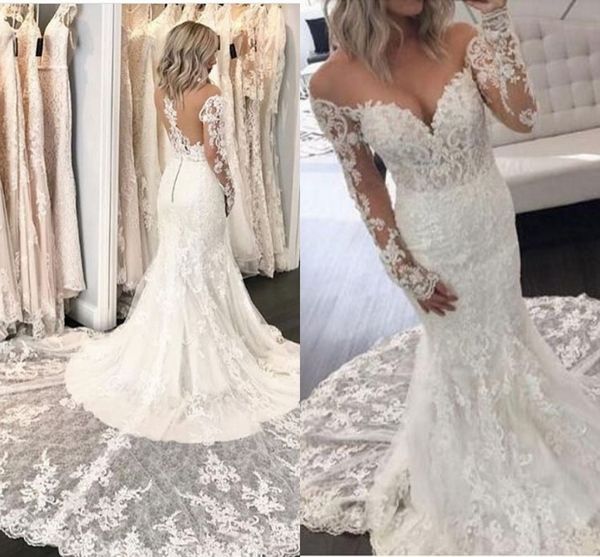 

modest full lace mermaid wedding dresses off the shoulder long sleeve illusion back dubai arabic bridal gowns robe de mariee formal, White