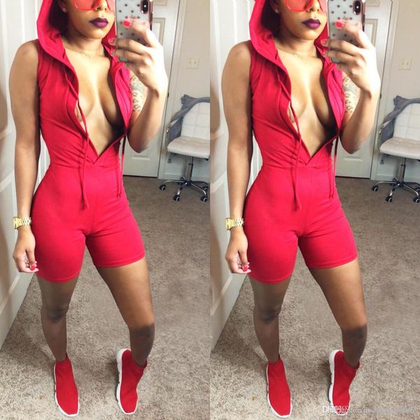 

женские спортивные комбинезоны твердые конфеты цвета лета с капюшоном v шеи rompers one piece костюмы шорты, Black;white