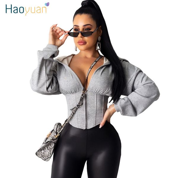 

haoyuan long sleeve cropped hoodies women 2020 spring hoody jacket clothes hooded sweatshirt zip up oversized hoodie, Black