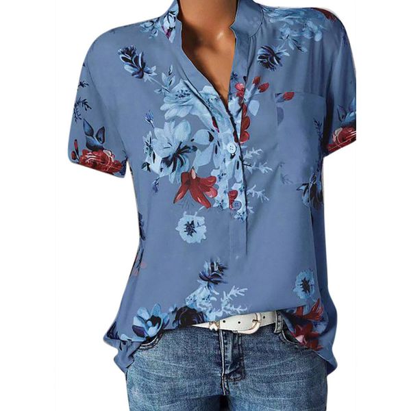 

women floral print pocket plus size short sleeve blouse casual loose shirt 5xl koszula damska hot, White