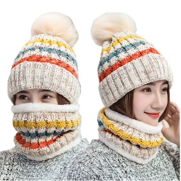 

new pom poms women winter hat scarf for girls fashion solid warm hats knitted beanies cap scarf set thick female cap wholesale, Blue;gray