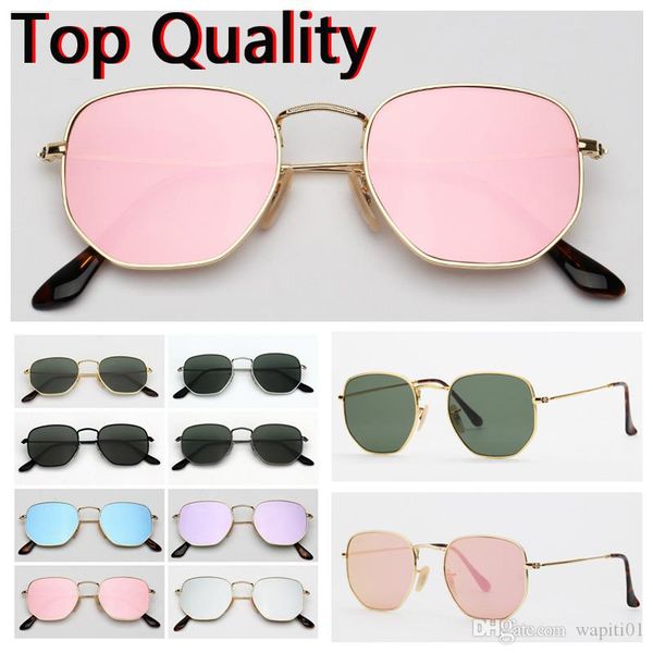 

sunglasses hexagonal flat glass lenses design for men women male female sunglasses with brown or black case, cloth, paper box, accessories, White;black