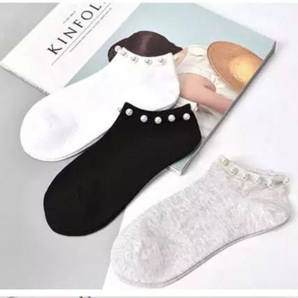 

1 pair summer comfortable cotton shallow mouth socks for girls women's cotton lovely casual imitation pearl socks solid, Black;white