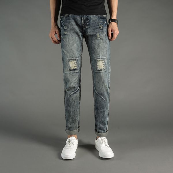 

italian style fashion mens jeans knee frayed hole destroyed ripped jeans men pants slim fit streetwear brand biker, Blue