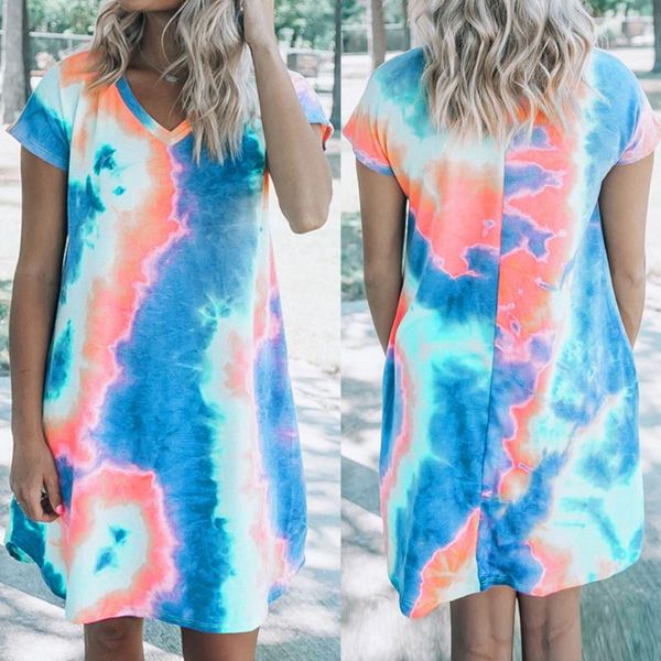 

women tie-dye print dress summer 2020 short sleeve loose dress gradient elegant casual pocket mini vestidos plus size, Black;gray