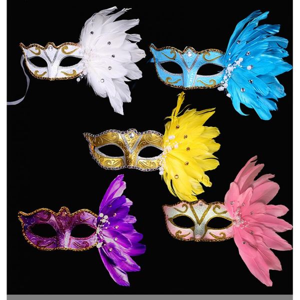 

beading venetian mask white feather flower wedding carnival party performance purple costume lady mask masquerade blue