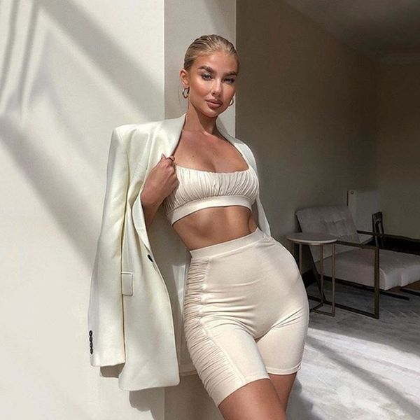 

two piece dress women khaki summer set sport crop ruched spaghetti strap and pants biker short casual black sleeveless workout, White