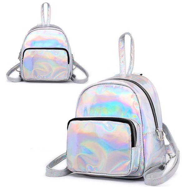 

mini travel bags silver laser backpack women girls shoulder bag pu leather holographic backpack school bags for teenage girls