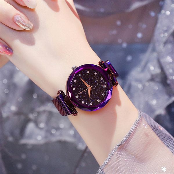 

luxury starry sky women watch rose gold bracelet rhinestones stainless steel quartz wristwatch ladies magnet buckle watches, Slivery;brown