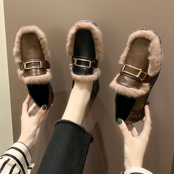 

autumn big size shoes woman round toe dress flats women slip-on women's moccasins loafers fur casual female sneakers modis fall, Black