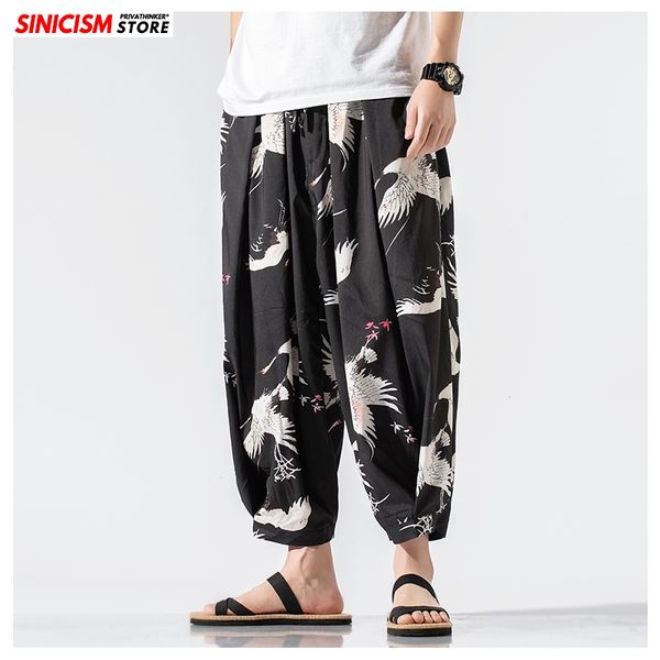 

sinicism store men printed summer loose harem pants mens 2020 thin vintage trousers male plus size chinese style pants bottoms, Black