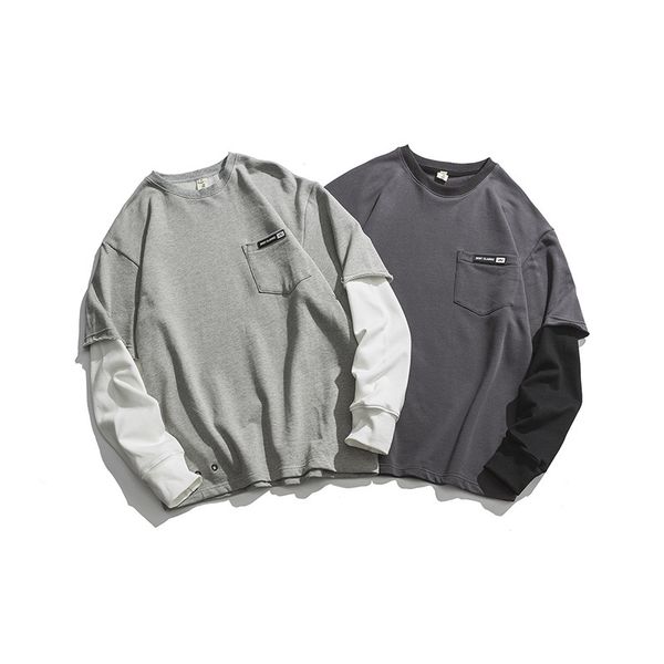 

2019 spring and autumn men's new casual stitching contrast color pattern printing round neck loose temperament cotton hoodies, Black