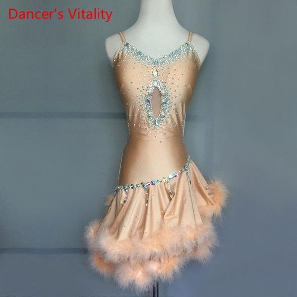 

kids latin dance dress backless diamond feather dresses women girls latin rumba samba cha-cha dance performance clothes, Black;red