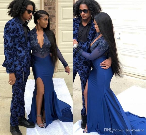 

couple fashion 2019 navy blue mermaid prom dresses sheer long sleeve high side split lace applique elegant evening formal dress gowns, Black