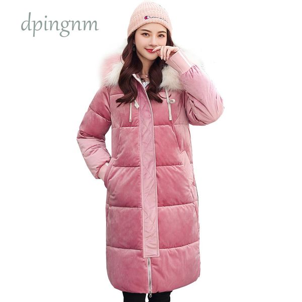 

2019 women winter jackets gold velvet coat cotton hooded coat plus size parkas mujer coats long fashion female fur collar, Tan;black
