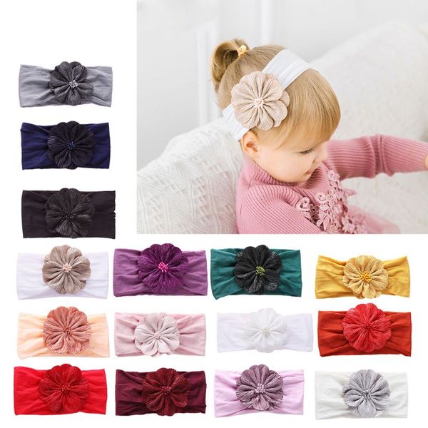 

high elastic flower headbands for baby girls toddler nylon hair bows headdress turban bow knot hair bands accessories 15 colors, Slivery;white