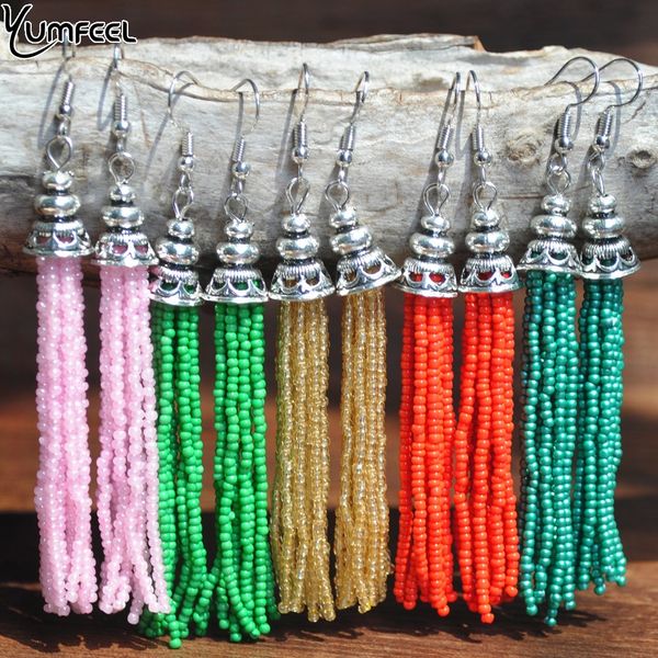 

yumfeel handmade resin seed bead tassel earring fashion bohemian vintage silver dangle earrings women beach jewelry gifts, Golden