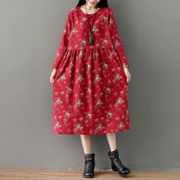 

2020 весна нового стиль ретро литература и искусство высокой талии печатных большого размера платье сыпучий-fit с длинным рукавом средней дл, White;black